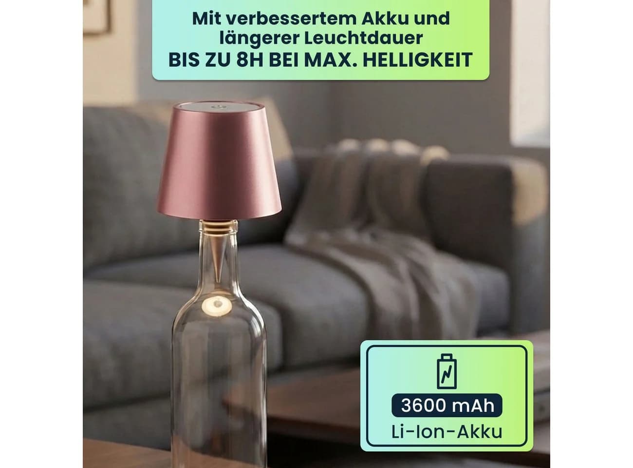 shop'n smile ideoon LED Tischleuchte Akku Flaschenlampe Rosegold Dimmbar - Bild 4