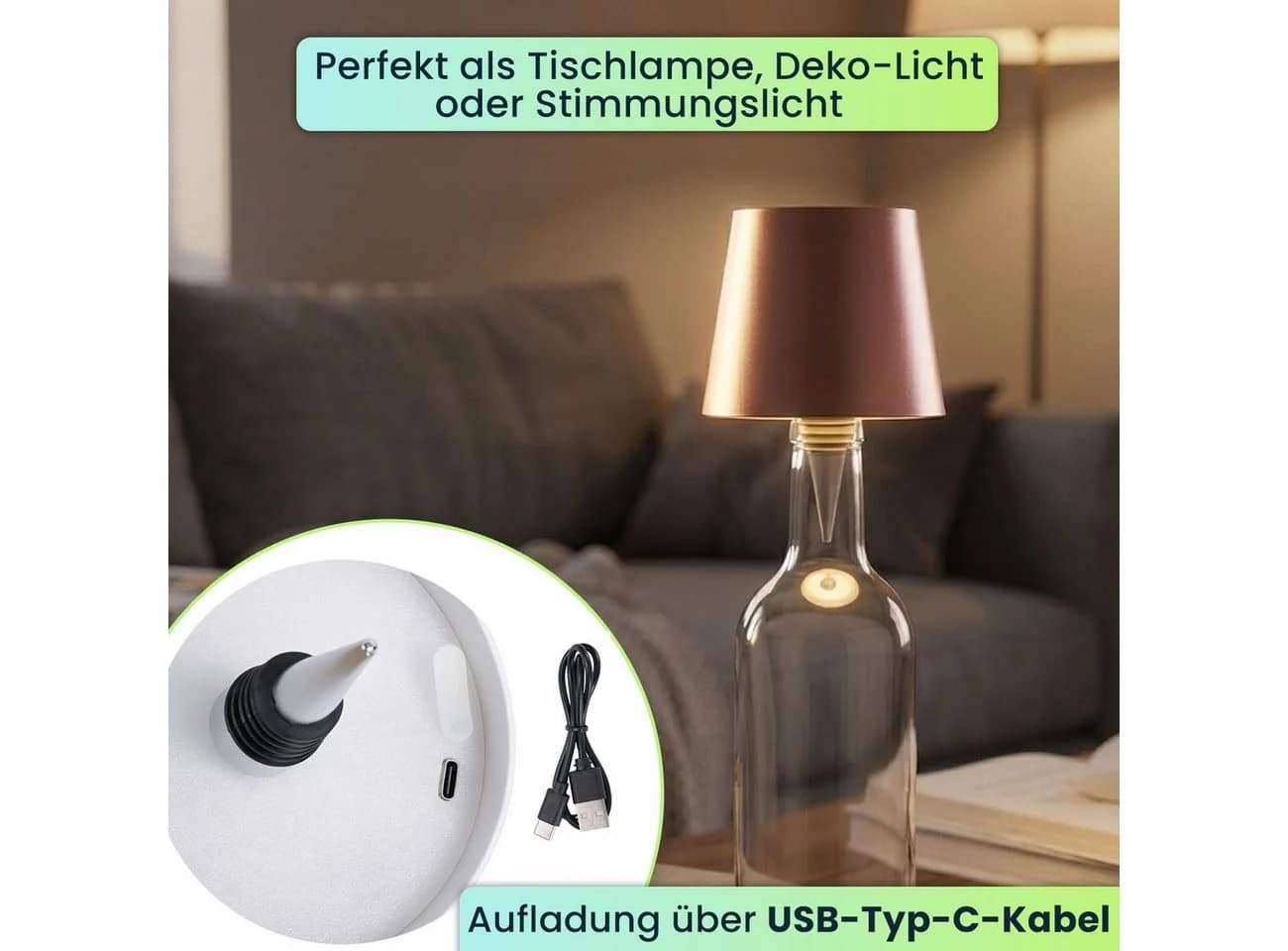 shop'n smile ideoon LED Tischleuchte Akku Flaschenlampe Rosegold Dimmbar - Bild 5