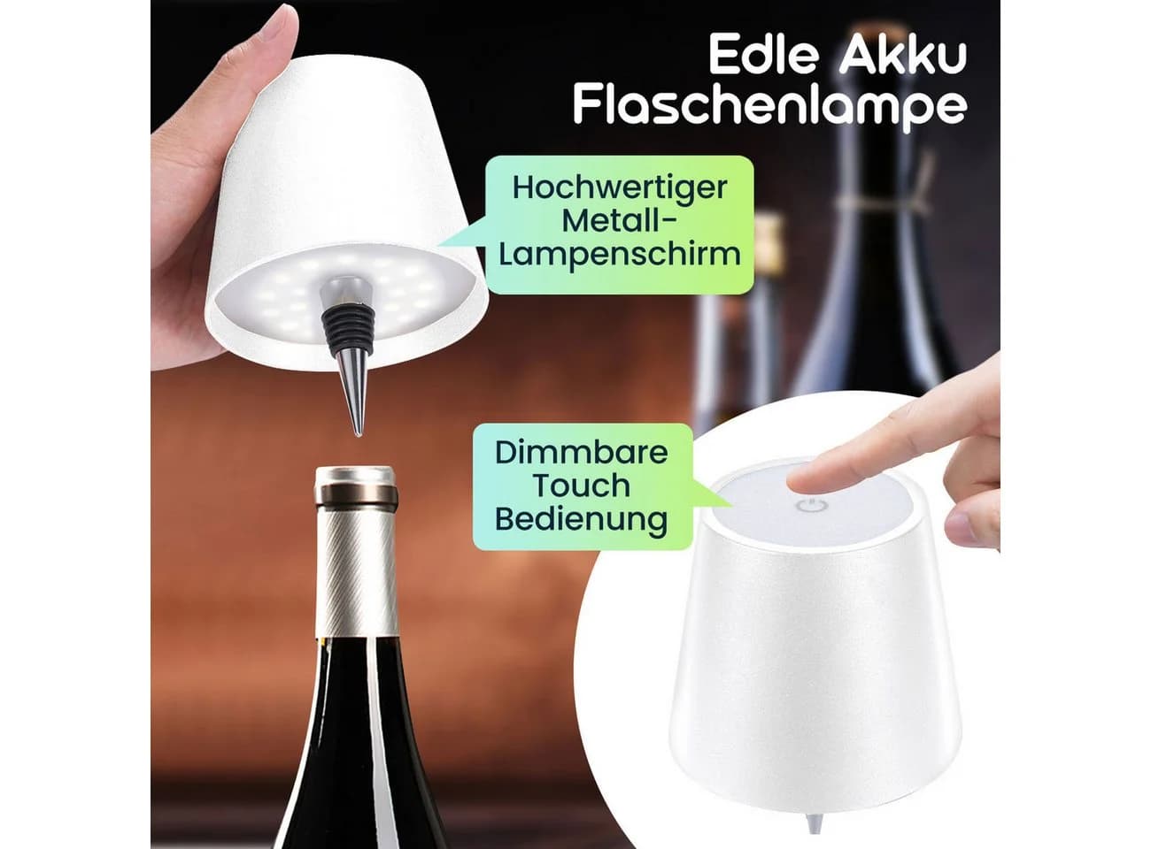 shop'n smile ideoon LED Tischleuchte Akku Flaschenlampe Weiß Dimmbar Touch USB-C - Bild 3