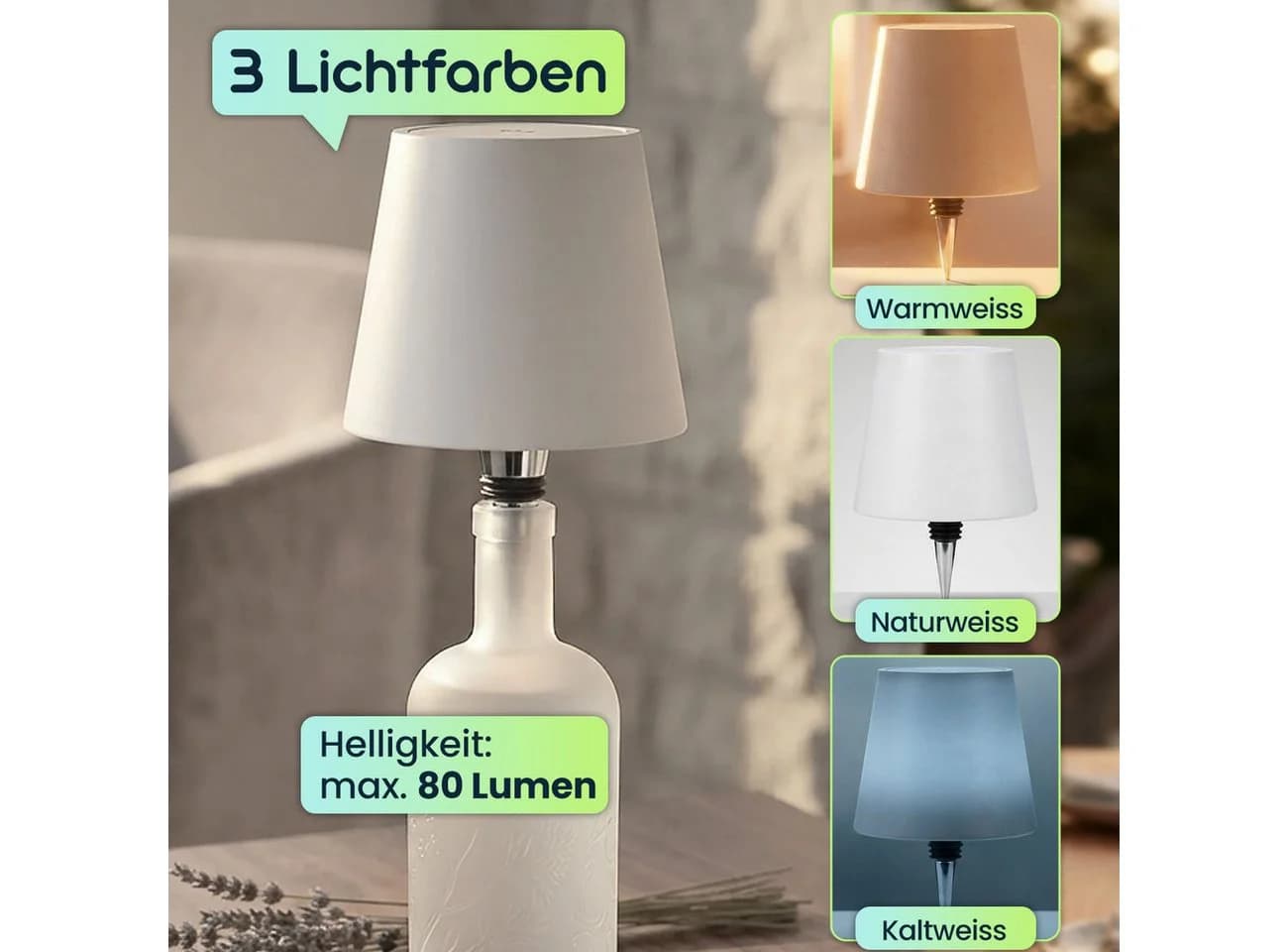 shop'n smile ideoon LED Tischleuchte Akku Flaschenlampe Weiß Dimmbar Touch USB-C - Bild 4