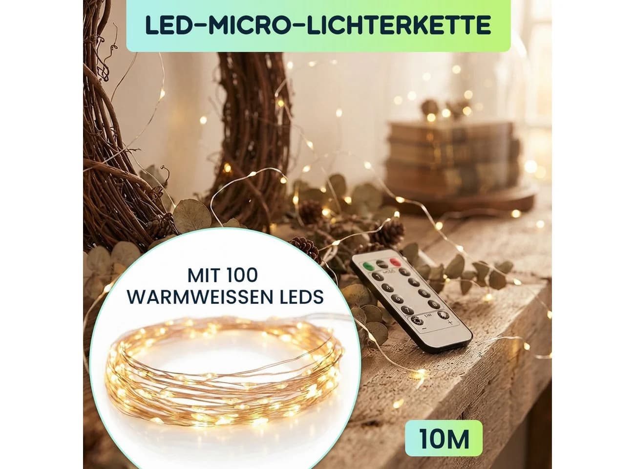 shop'n smile ideoon LED-Lichterkette 10m 100 LEDs Warmweiß Timer Fernbedienung