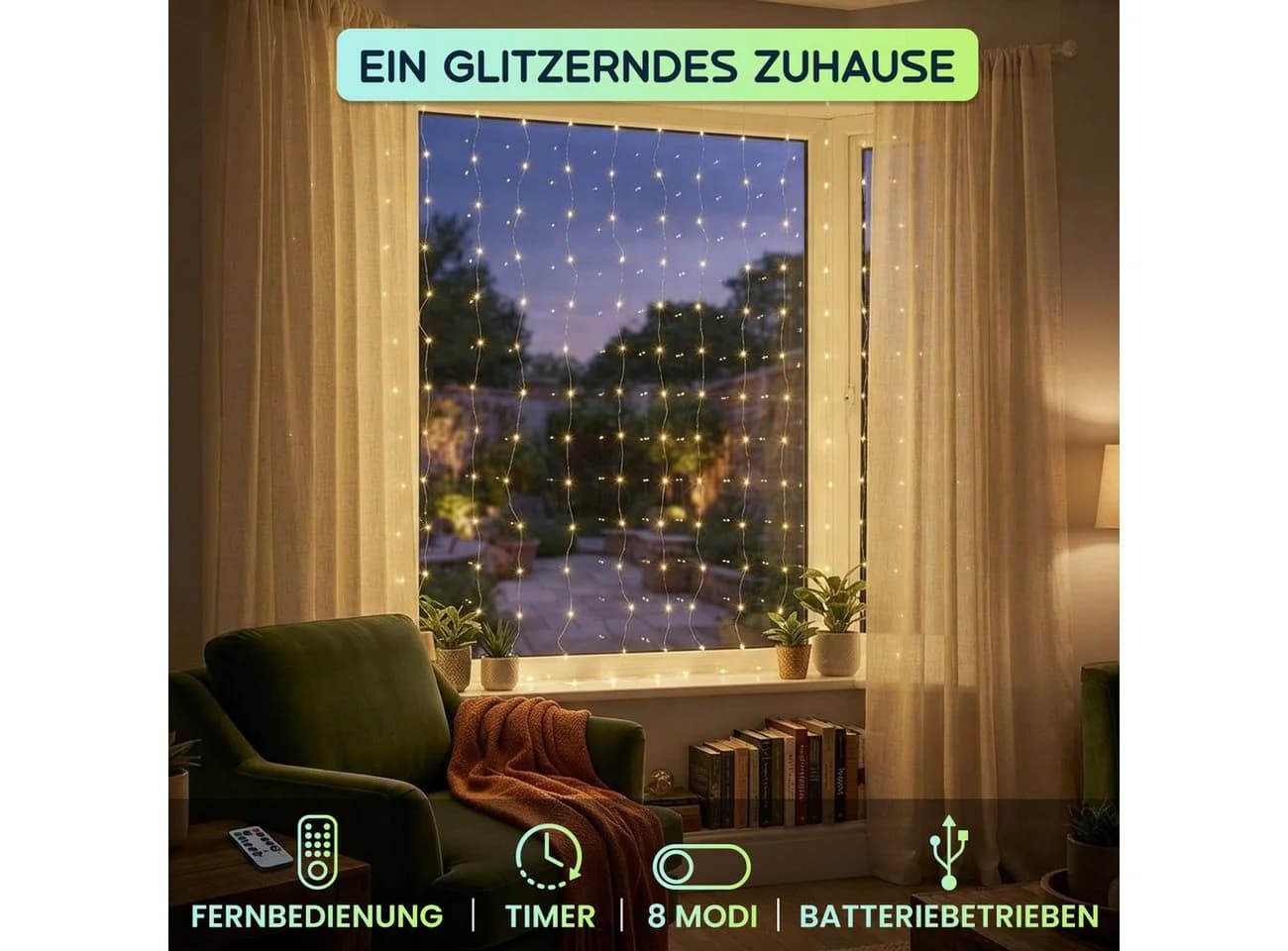 shop'n smile ideoon LED-Lichterkette 10m 100 LEDs Warmweiß Timer Fernbedienung - Bild 3