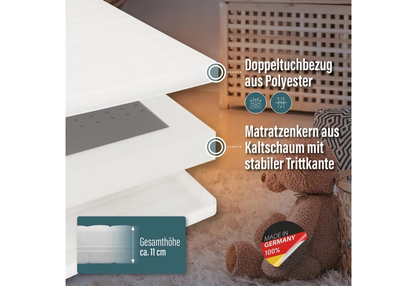Kindermatratze BeCo Kaja, ergonomisch, hygienisch und strapazierfähig, Kinder, 11cm, Polyester Bezug