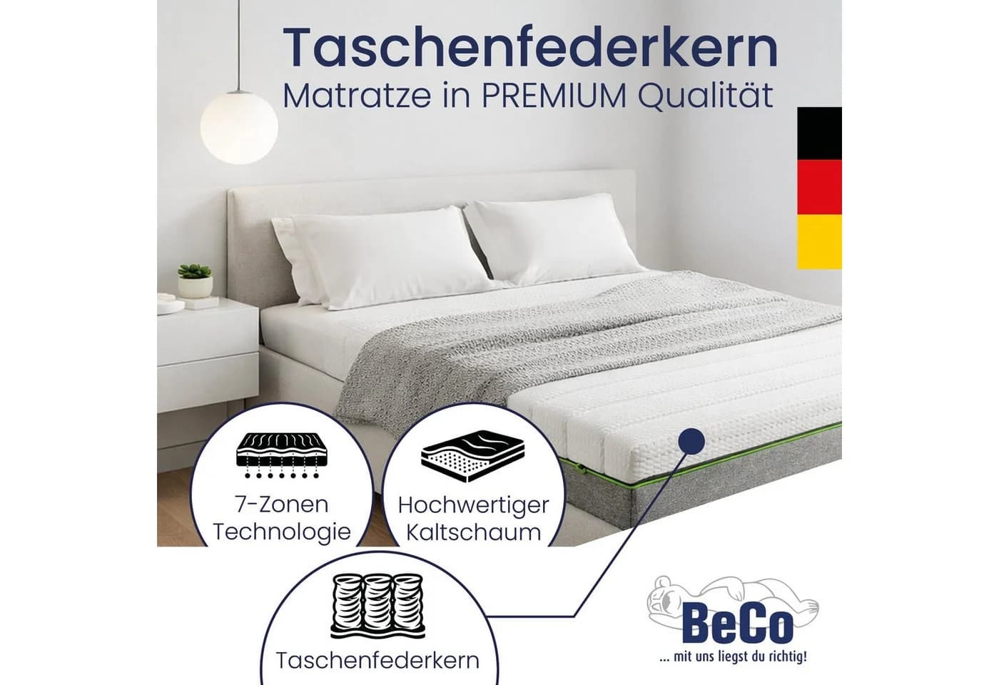 Beco Taschenfederkernmatratze Feel like Latex 7 Zonen PUR Auflage