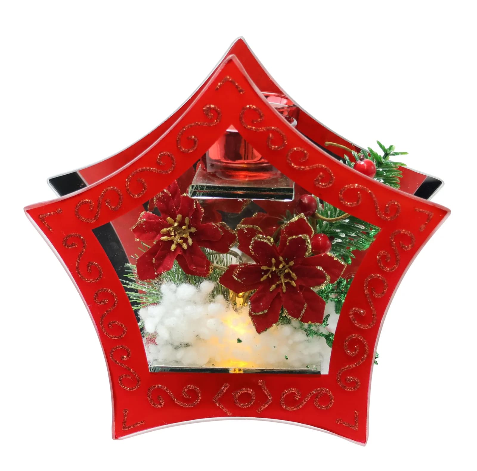 I.GE.A. Teelichthalter mit LED Licht und Winterdeko Rot Glas