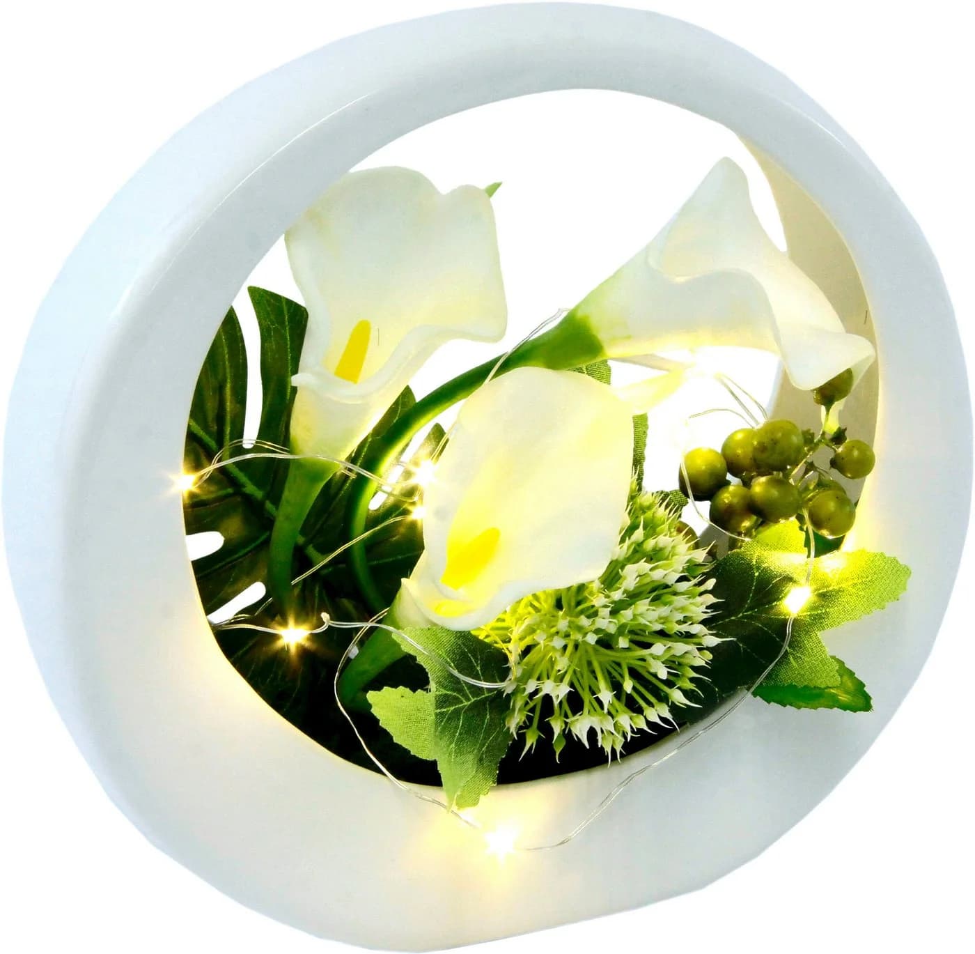 I.GE.A. Kunstblume Calla Weiß Keramikvase LED