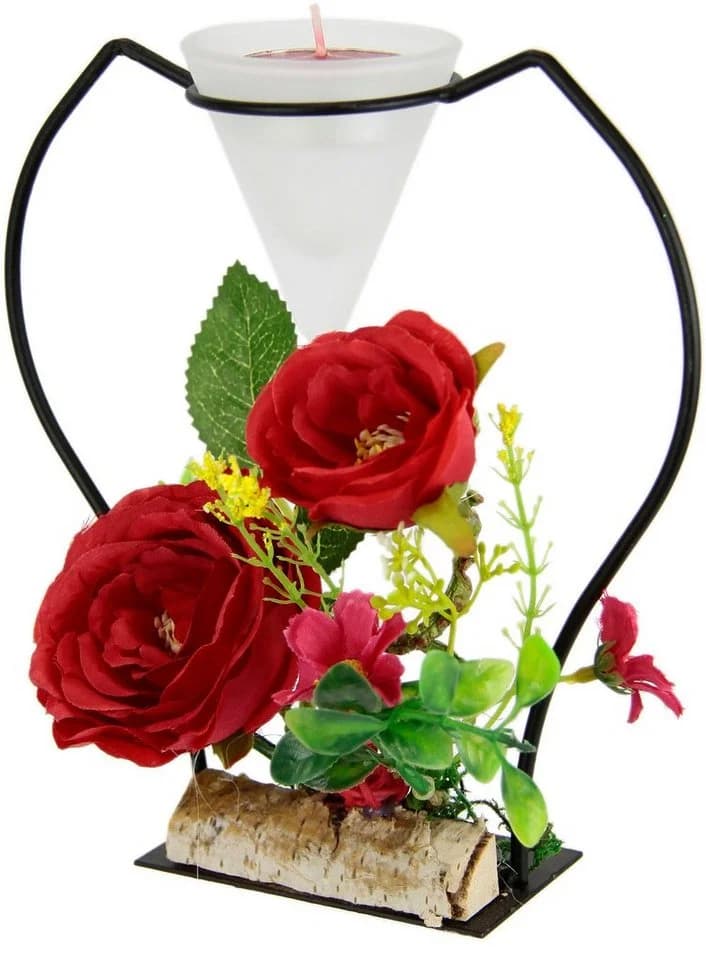I.GE.A. Teelichthalter Rose Rot mit Kunstrosen und Glaseinsatz - Bild 3