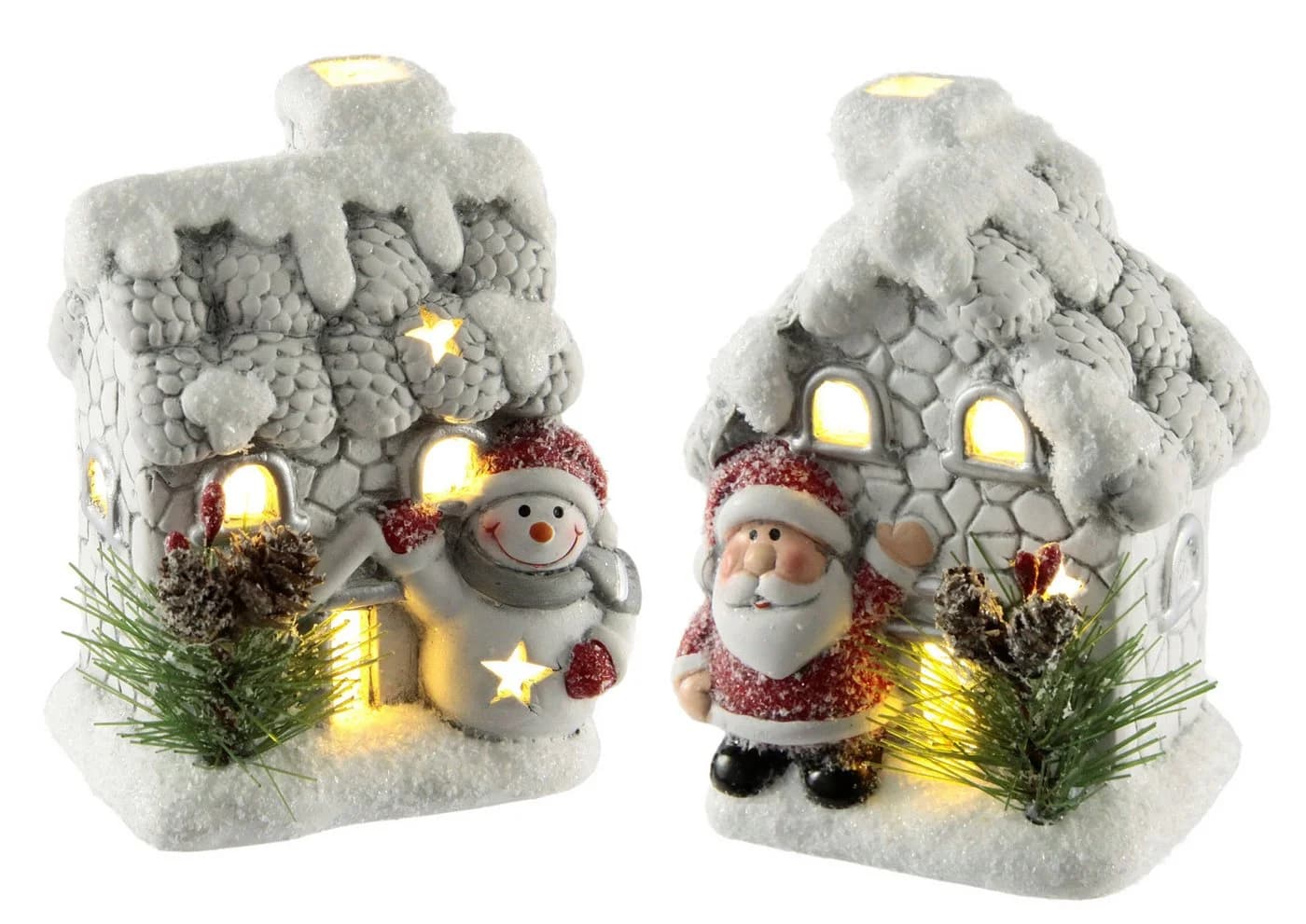 I.GE.A. LED-Dekofigur Haus mit Schneemann Nikolaus Rot/Weiß Keramik 2er Set