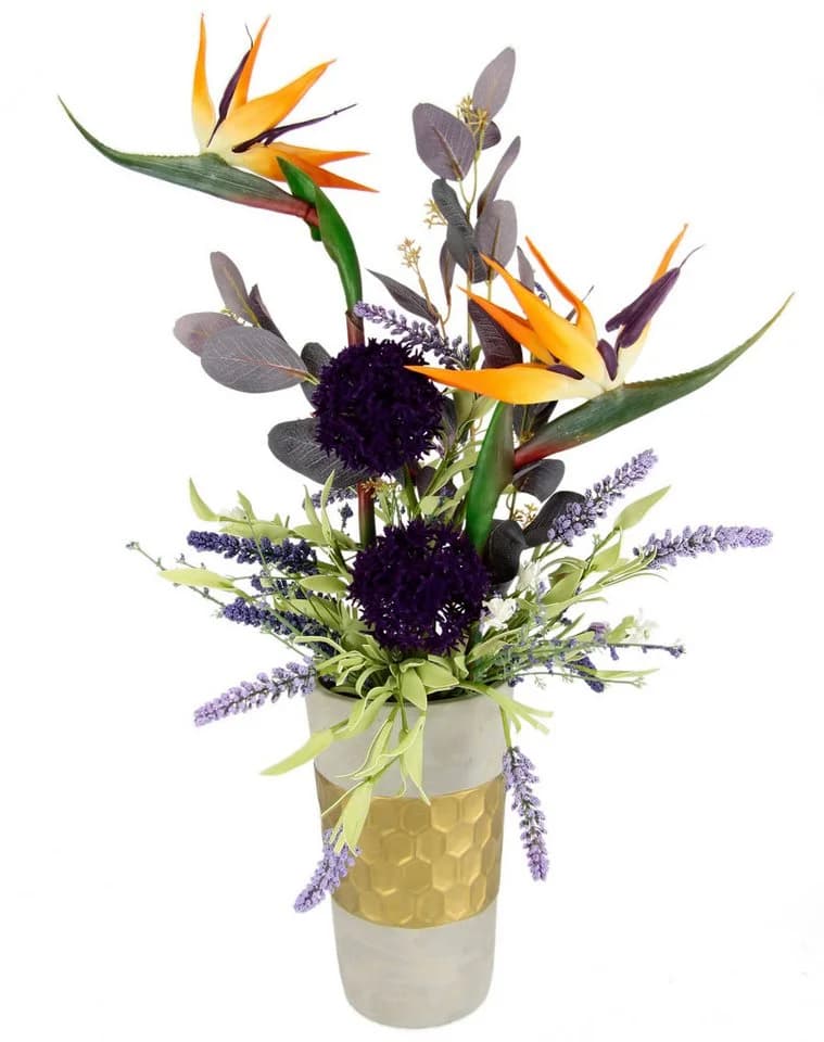 I.GE.A. Kunstblume Gesteck Strelitzie Allium Lavendel Orange