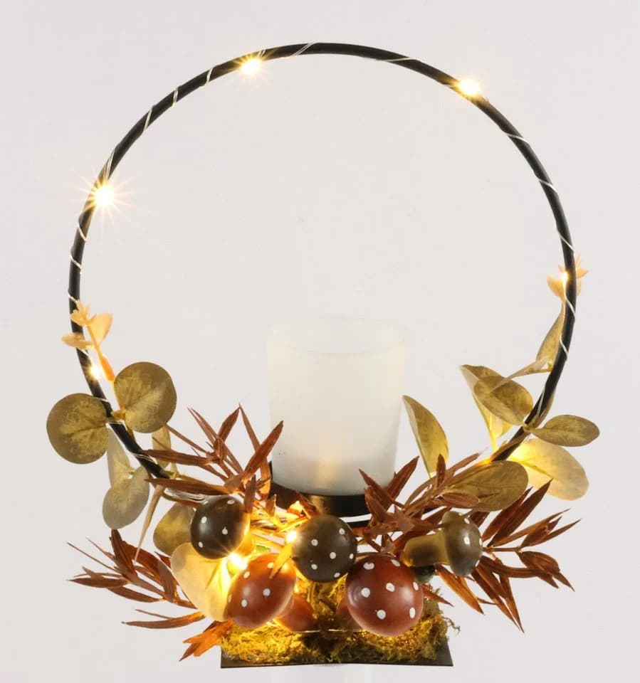 I.GE.A. Teelichthalter mit LED-Licht und Herbst-Arrangement Braun Glas Metall