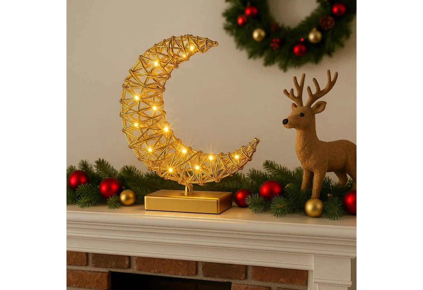 I.GE.A. LED-Dekofigur Mond Gold Metall Warmweiß Timer Batteriebetrieb - Bild 5