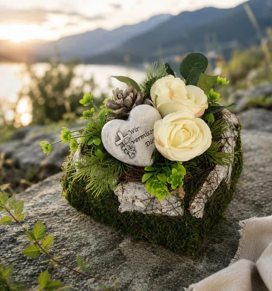 OTTO home Kunstblume Gesteck mit Rosen und Gedenkherz auf Herz-Pflanzschale - Bild 3