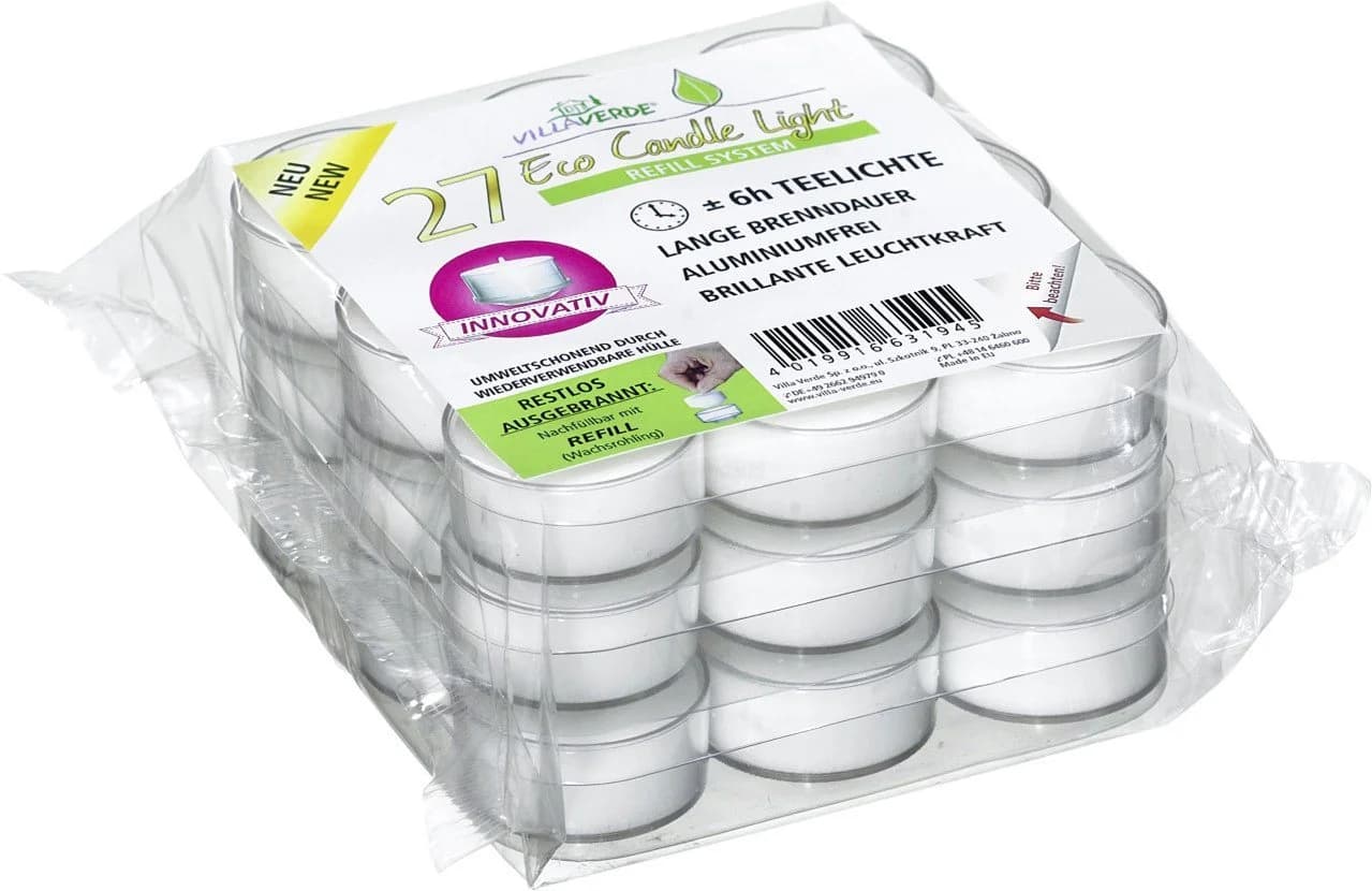 Villa Verde Teelichter ECL mit Hülle 27er Pack Weiß REFILL-System