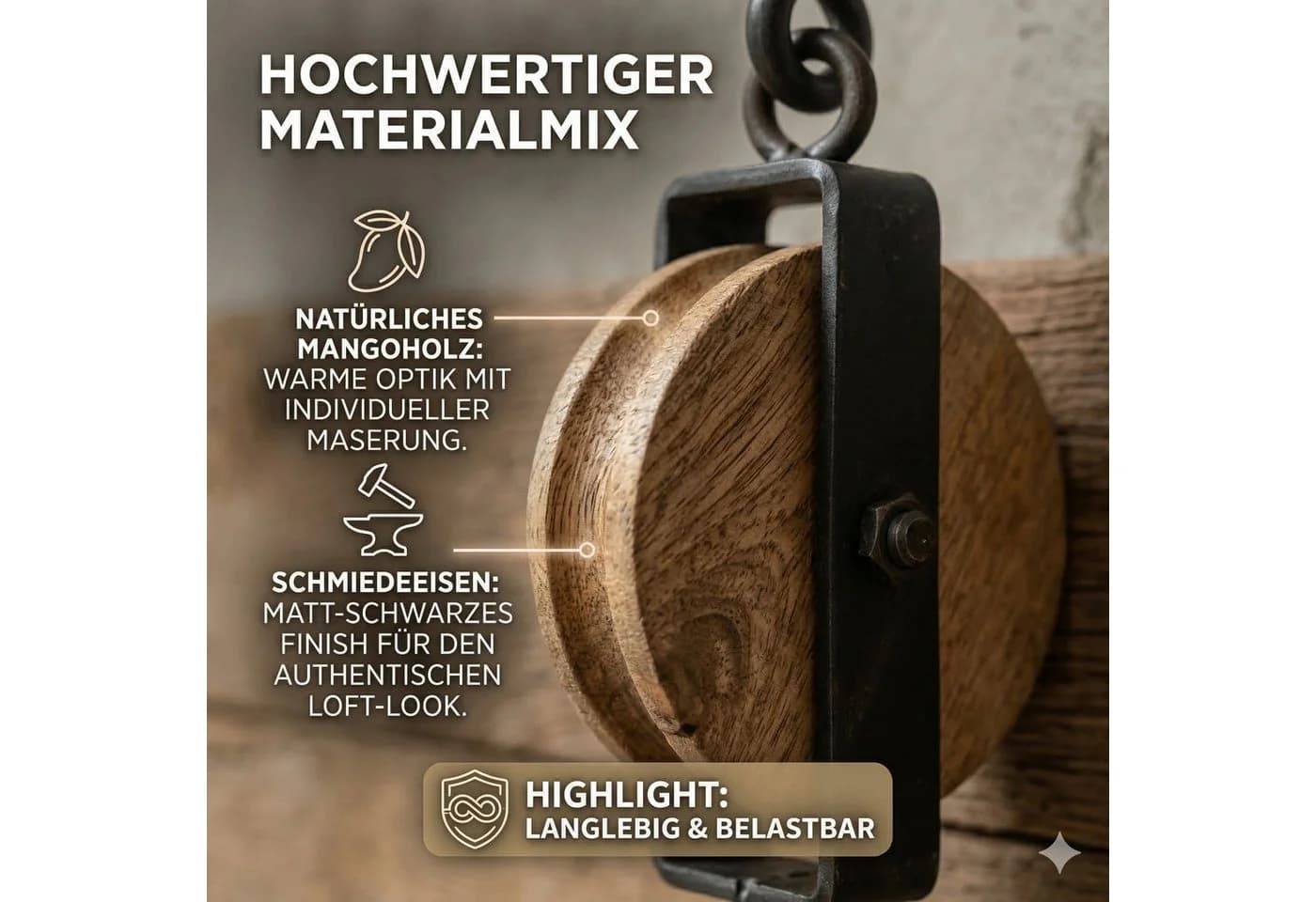 BOLTZE Garderobenhaken "Flaschenzug" 2er-Set Mangoholz Metall - Bild 3