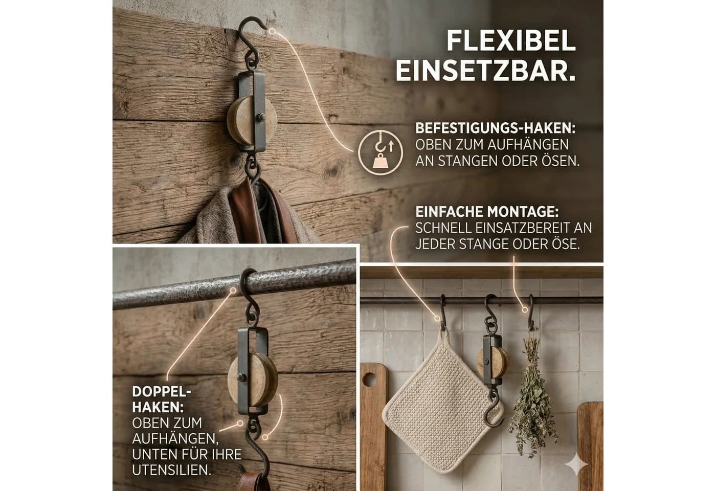 BOLTZE Garderobenhaken "Flaschenzug" 2er-Set Mangoholz Metall - Bild 5