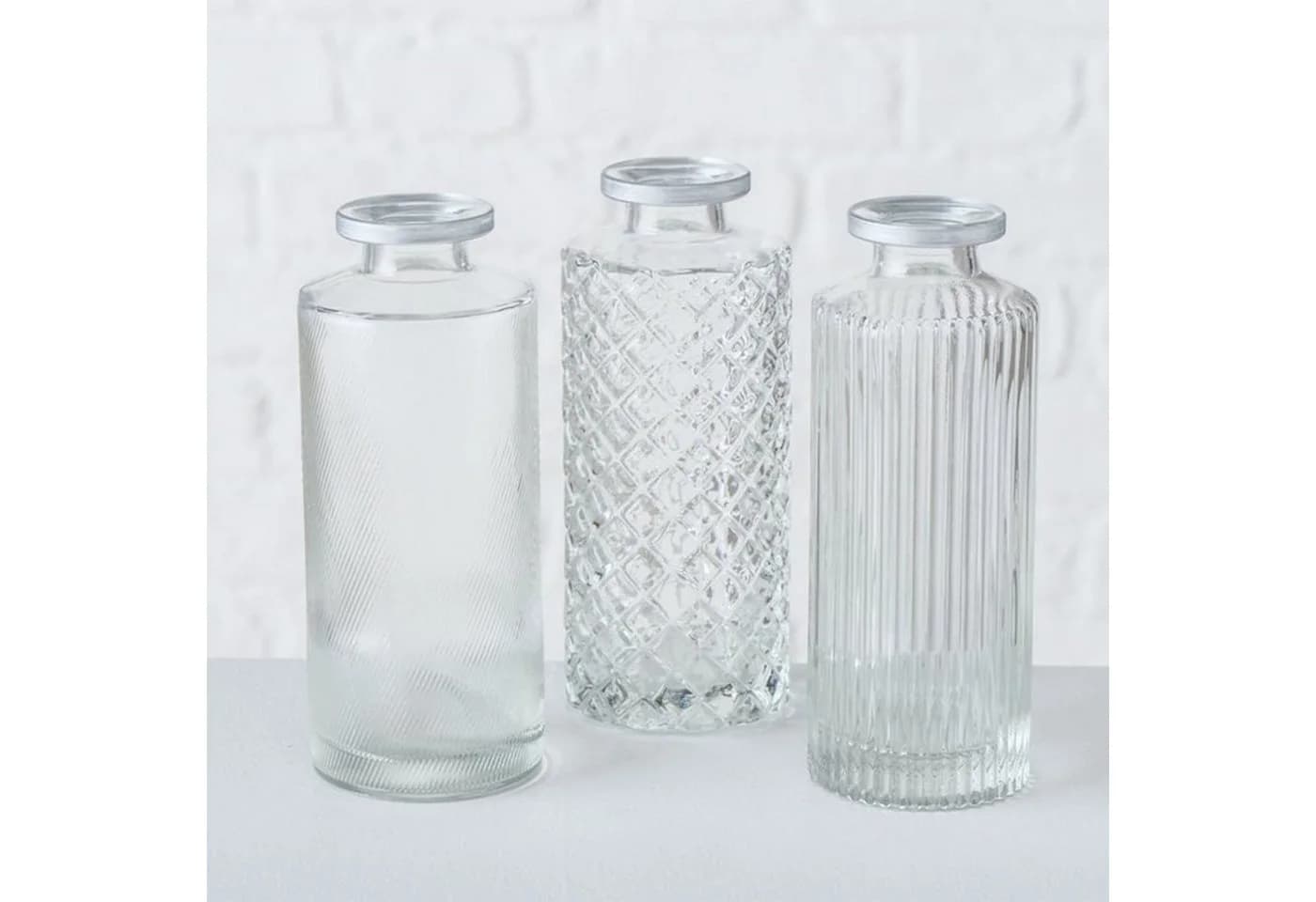 BOLTZE Tischvase 3er Set Glas Flaschenform Relief