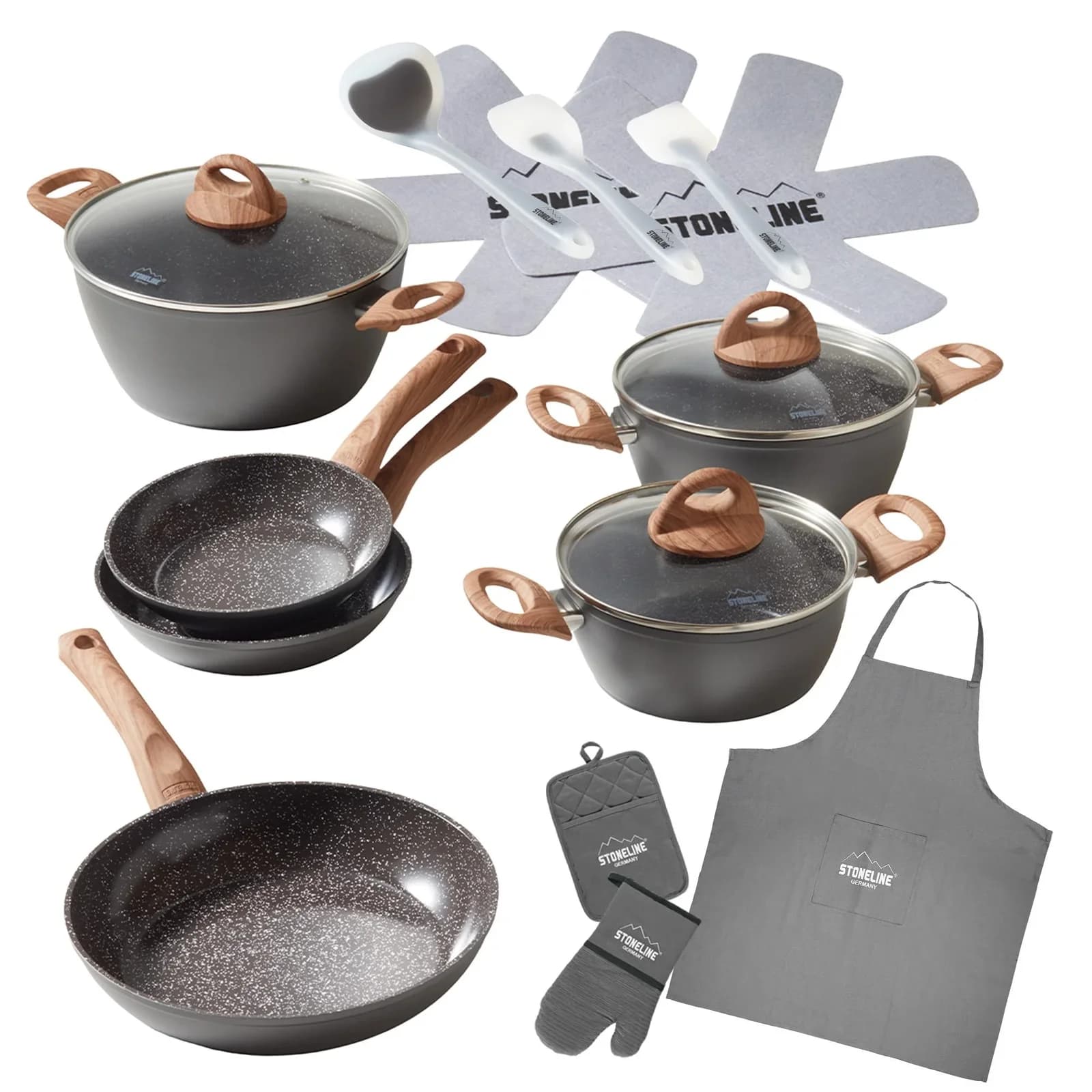STONELINE 17-teiliges Koch-Set mit Glasdeckeln, grau/holzfarben, induktionsgeeignet