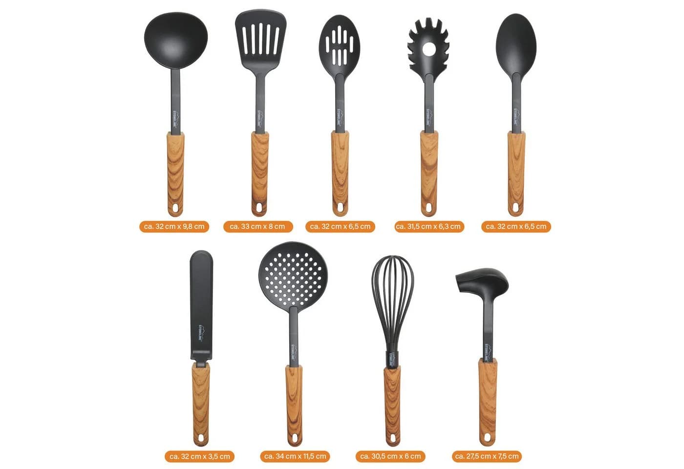 STONELINE Kochbesteck-Set 9-tlg. Schwarz Holzgriff Design