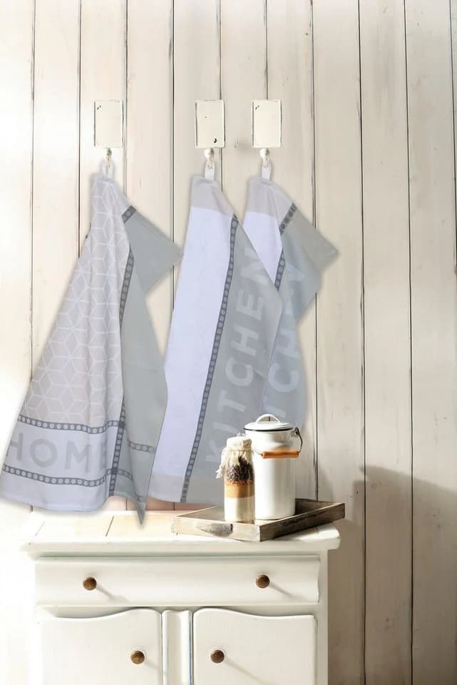 DYCKHOFF Geschirrtuch Set HOME & KITCHEN Grau/Weiß 100% Baumwolle