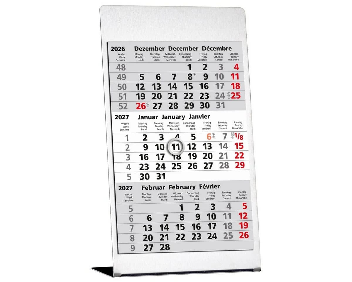 GÜSS Kalender 3-Monats-Tischkalender Edelstahl Grau/Weiß