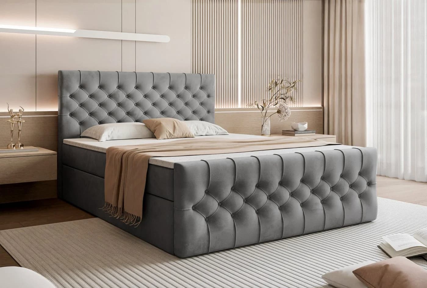 Goldstoff Boxspringbett TAURIEL Grau mit Bettkasten & Federkernmatratze - Bild 2