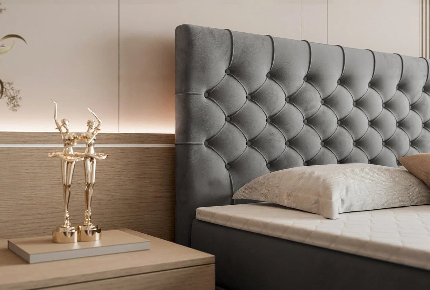 Goldstoff Boxspringbett TAURIEL Grau mit Bettkasten & Federkernmatratze - Bild 3