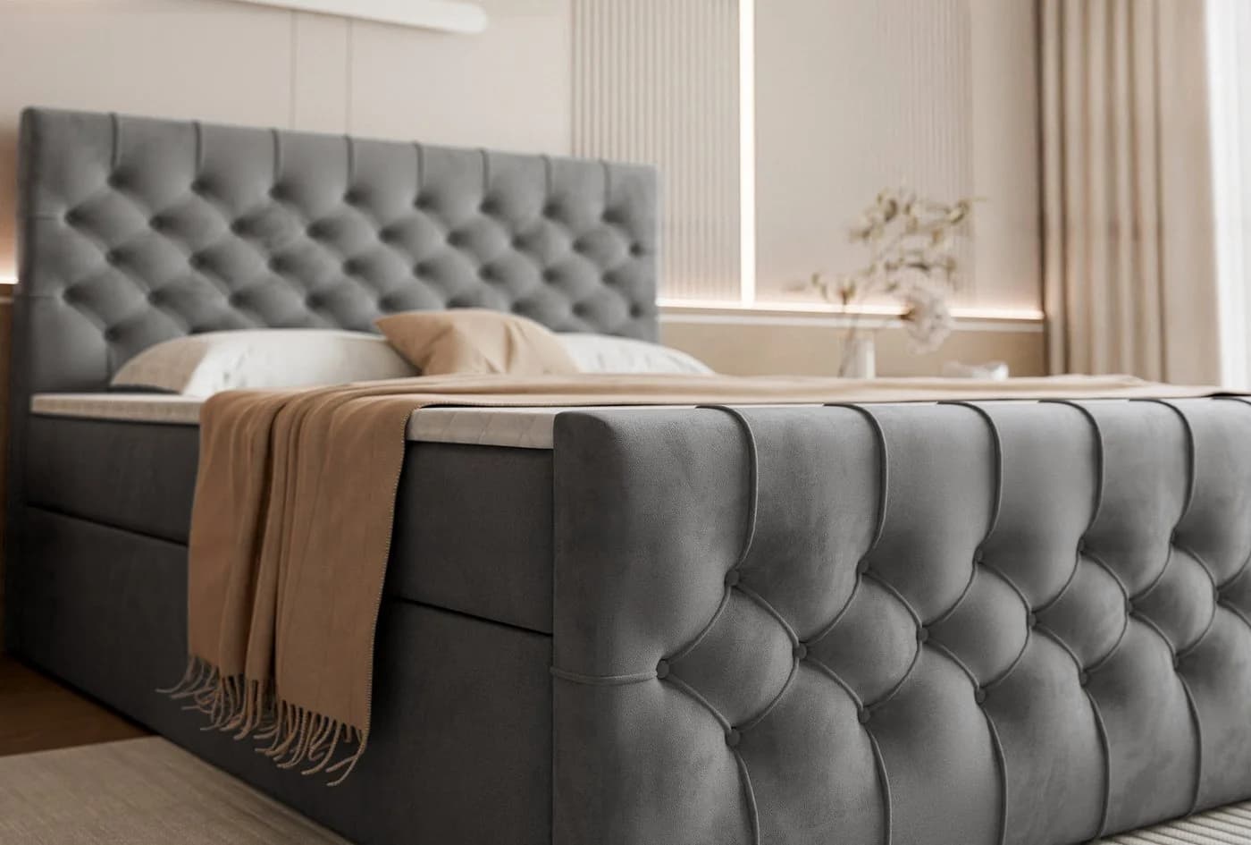 Goldstoff Boxspringbett TAURIEL Grau mit Bettkasten & Federkernmatratze - Bild 4