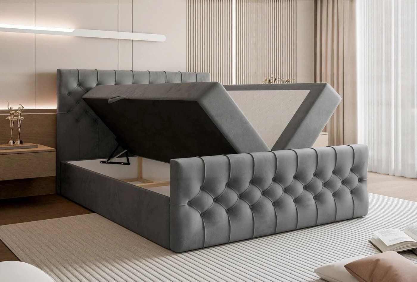 Goldstoff Boxspringbett TAURIEL Grau mit Bettkasten & Federkernmatratze - Bild 5