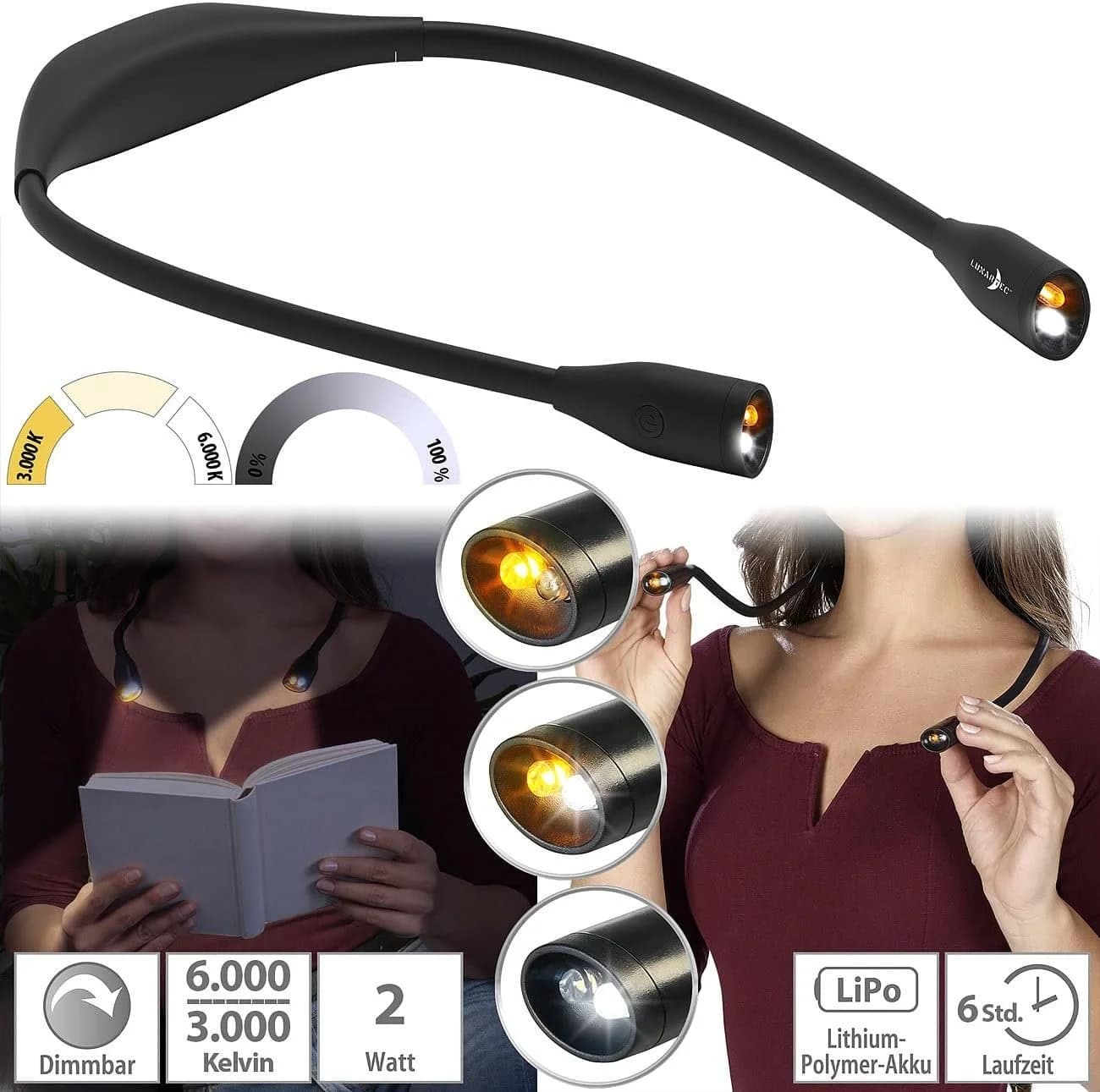 Lunartec LED Leselampe zum Umhängen dimmbar 6 Std Akku - Bild 3