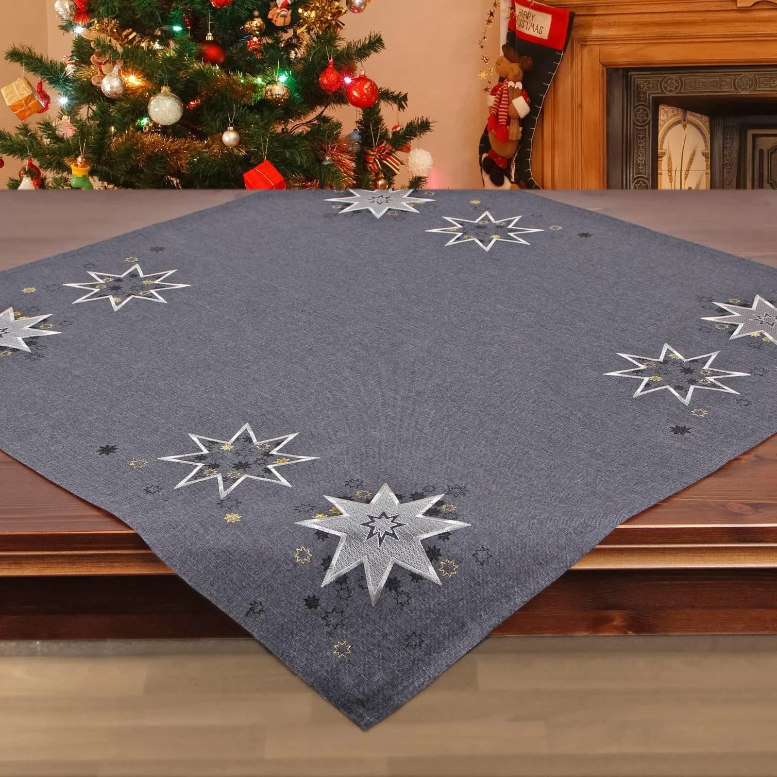 Delindo Lifestyle Mitteldecke Weihnachtssterne Anthrazit Polyester