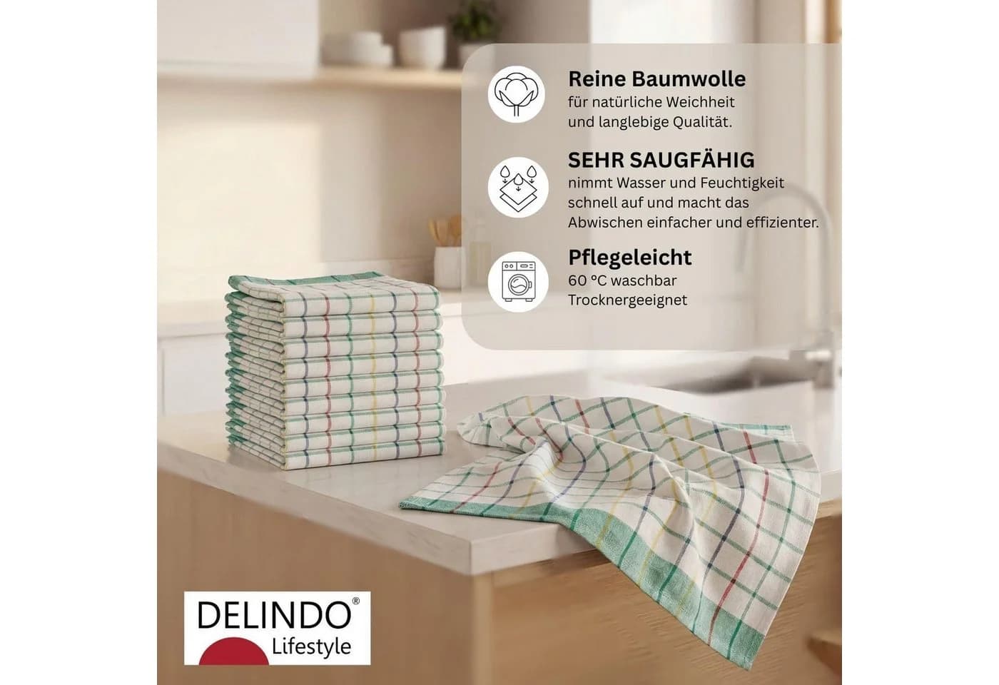 Delindo Lifestyle Geschirrtuch Bern 10er Set Baumwolle Kariert Grün