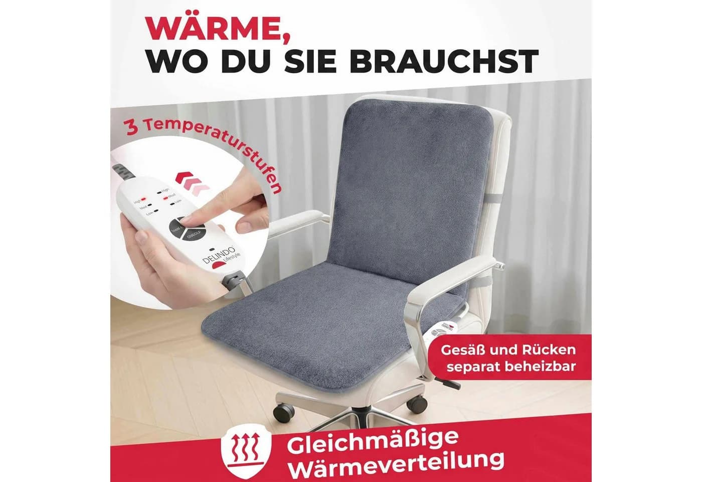 Delindo Lifestyle Beheizbare Sitzauflage Bürostuhl 3 Temperaturstufen grau - Bild 3