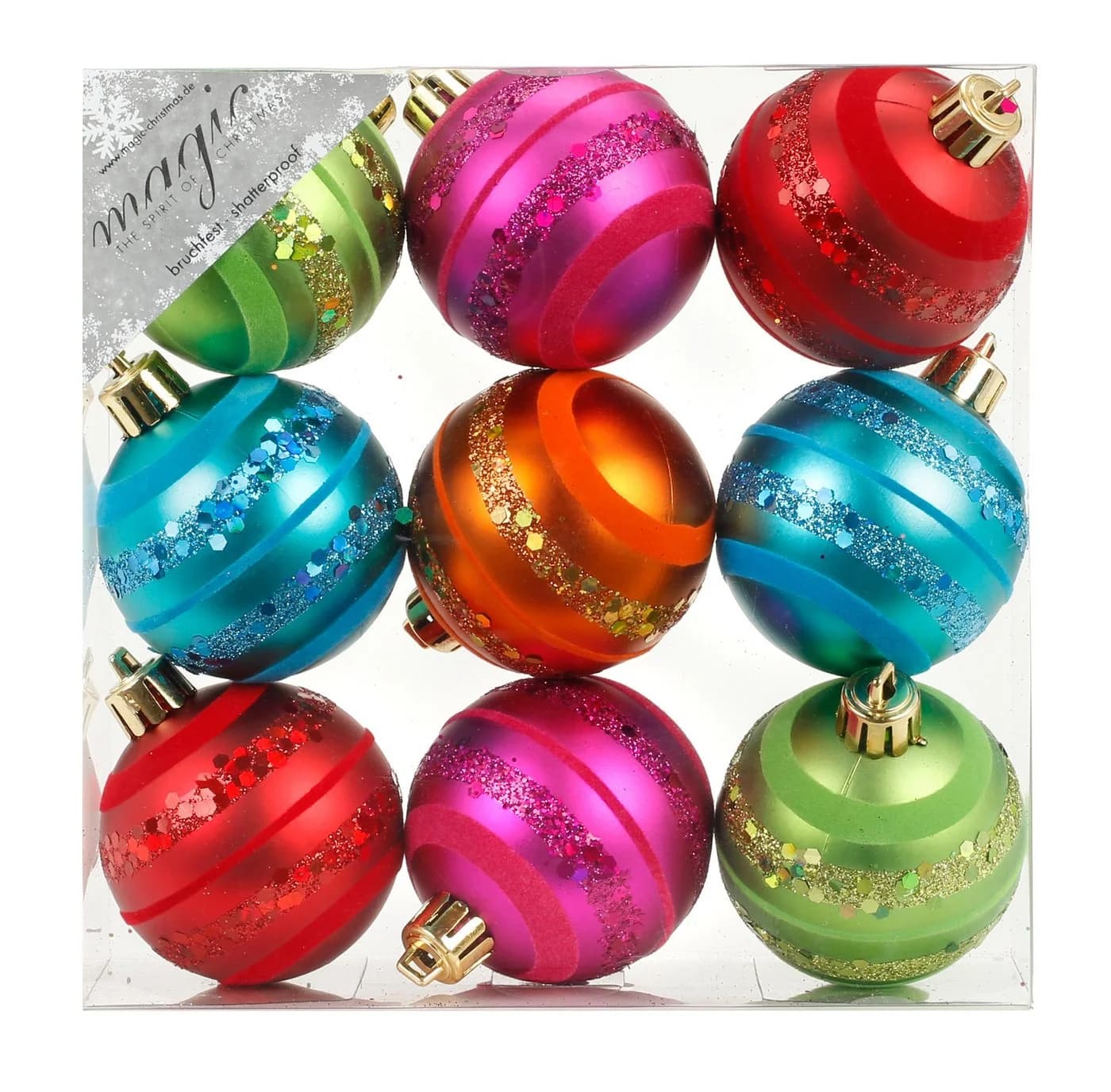 Holly & Jolly Weihnachtsbaumkugel 9er Set Bunt Glitzer 6cm