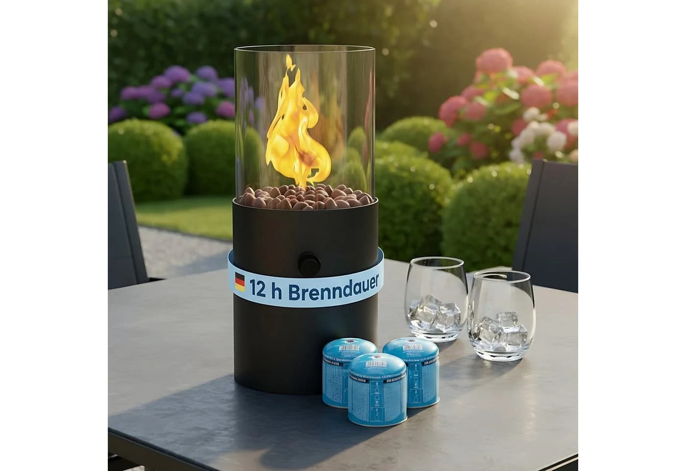 TOM Tischkamin Gas Schwarz mit 3x Kartuschen & Dekosteine - Bild 2