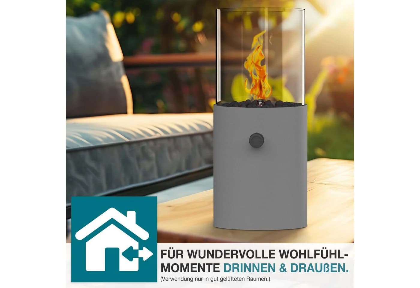 TOM Tischkamin Gas Grau mit 3x 190g Kartuschen & Dekosteine