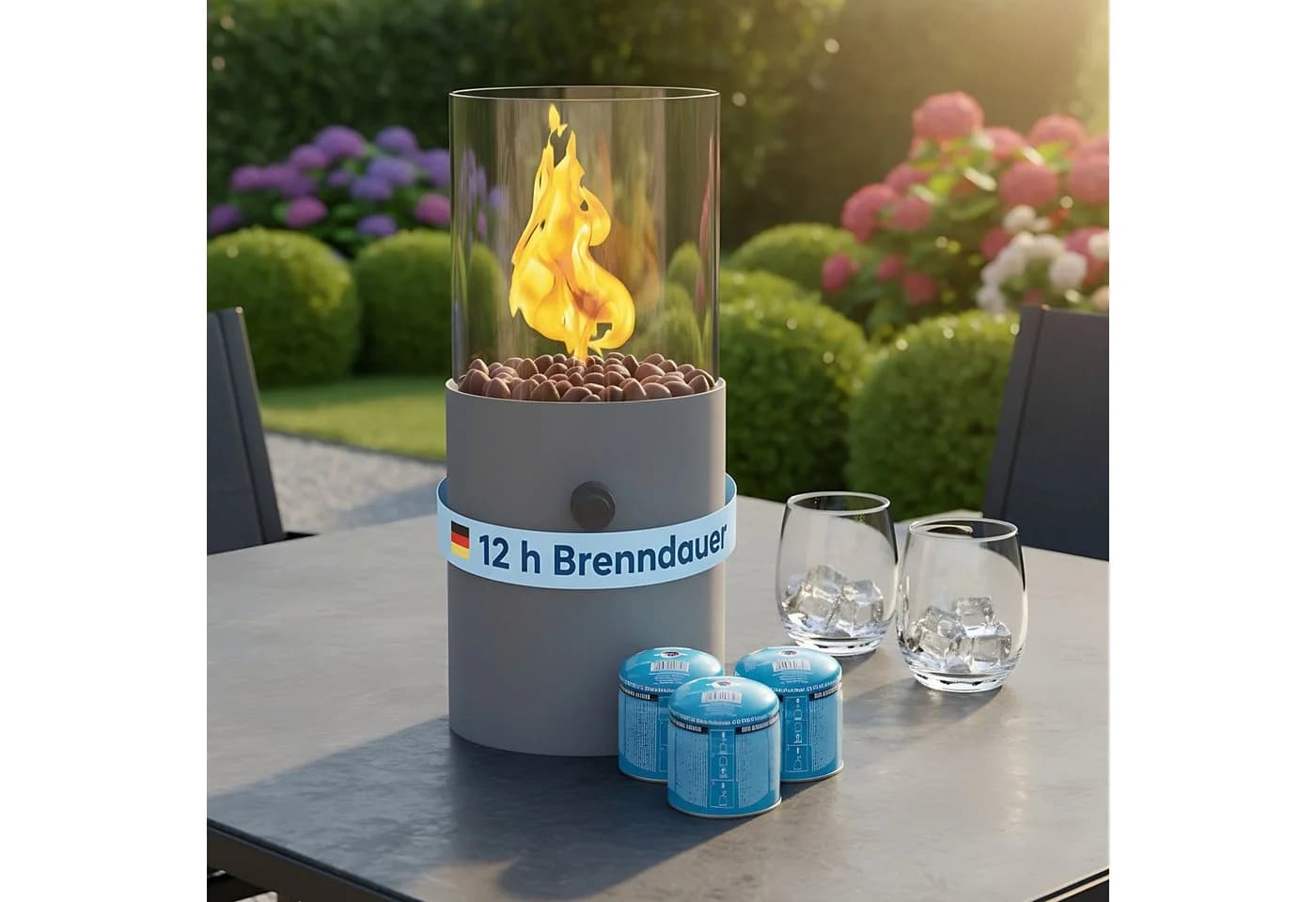 TOM Tischkamin Gas Grau mit 3x 190g Kartuschen & Dekosteine - Bild 2