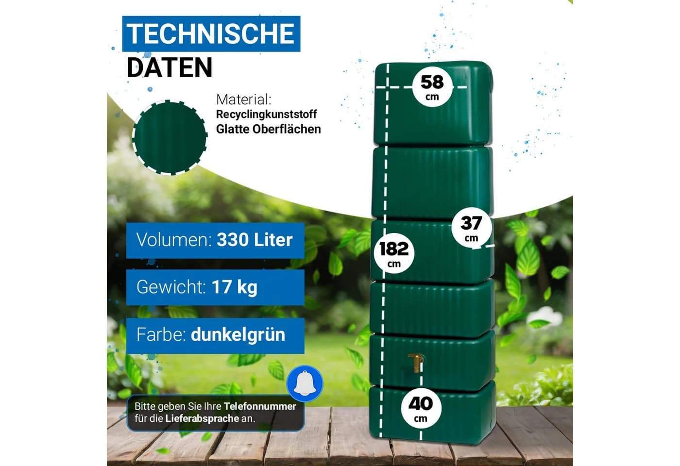 4rain Regentonne SLIM Wandtank 330 Liter dunkelgrün - Bild 3