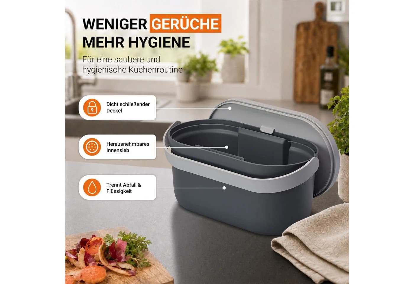 Garantia Biomülleimer NOVA 5 Liter mit Innensieb und Deckel grau - Bild 4