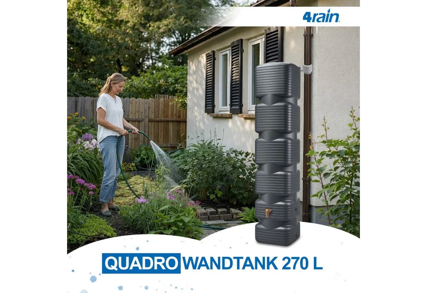 4rain Regentonne QUADRO Wandtank 270 Liter Anthrazit
