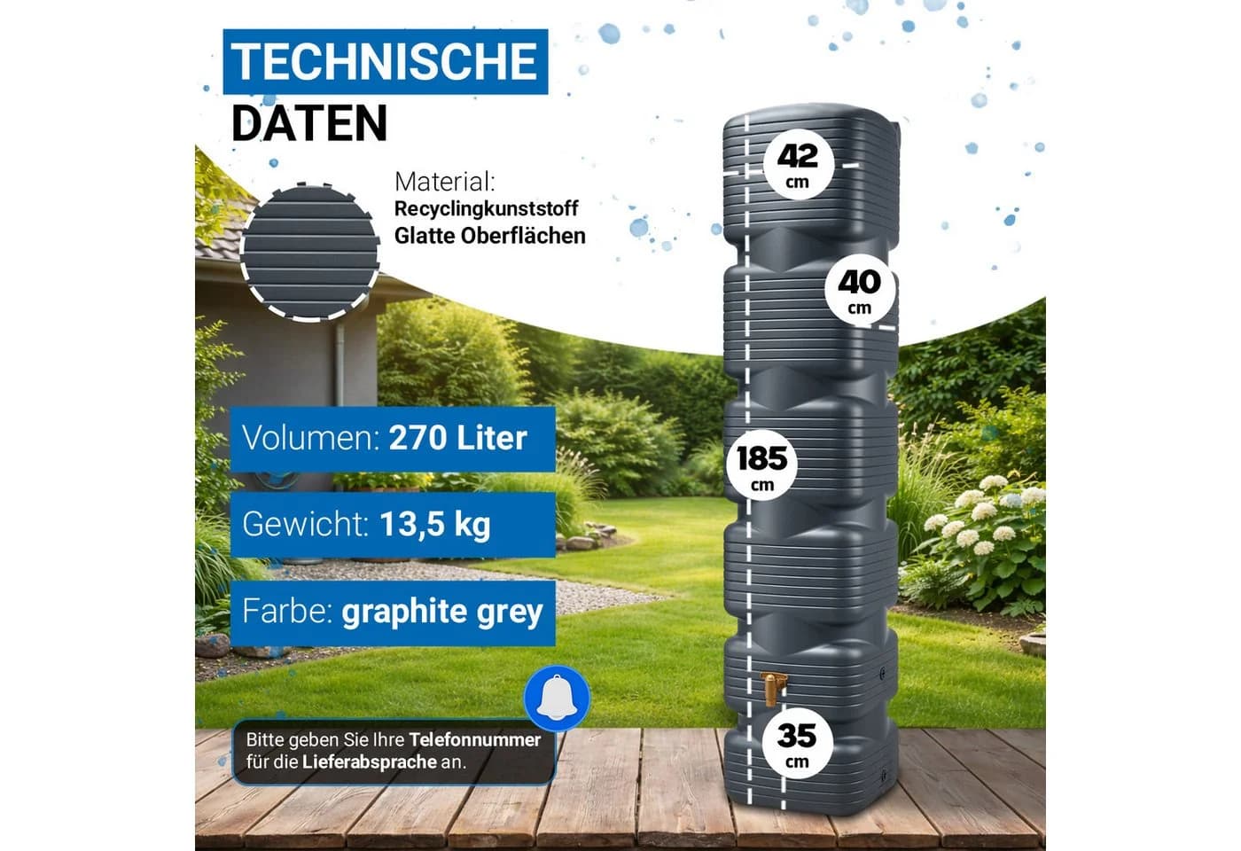 4rain Regentonne QUADRO Wandtank 270 Liter Anthrazit - Bild 3