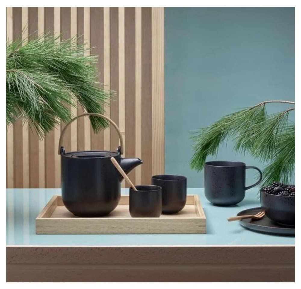 Teekanne COPPA kuro Schwarz Keramik 1 Liter Holzgriff