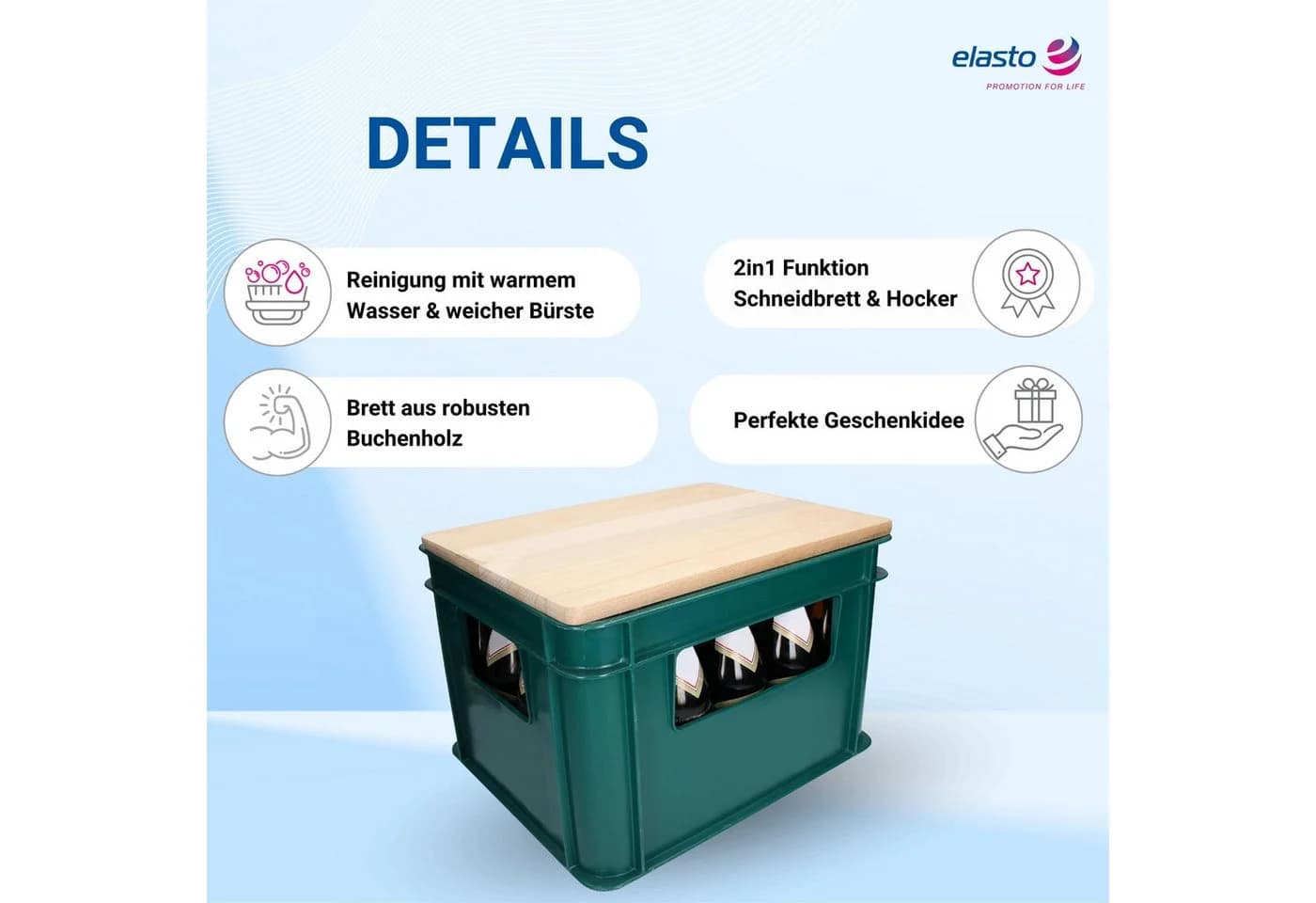 elasto Bierkastensitz Woody 2in1 Hocker & Schneidebrett Buchenholz Natur