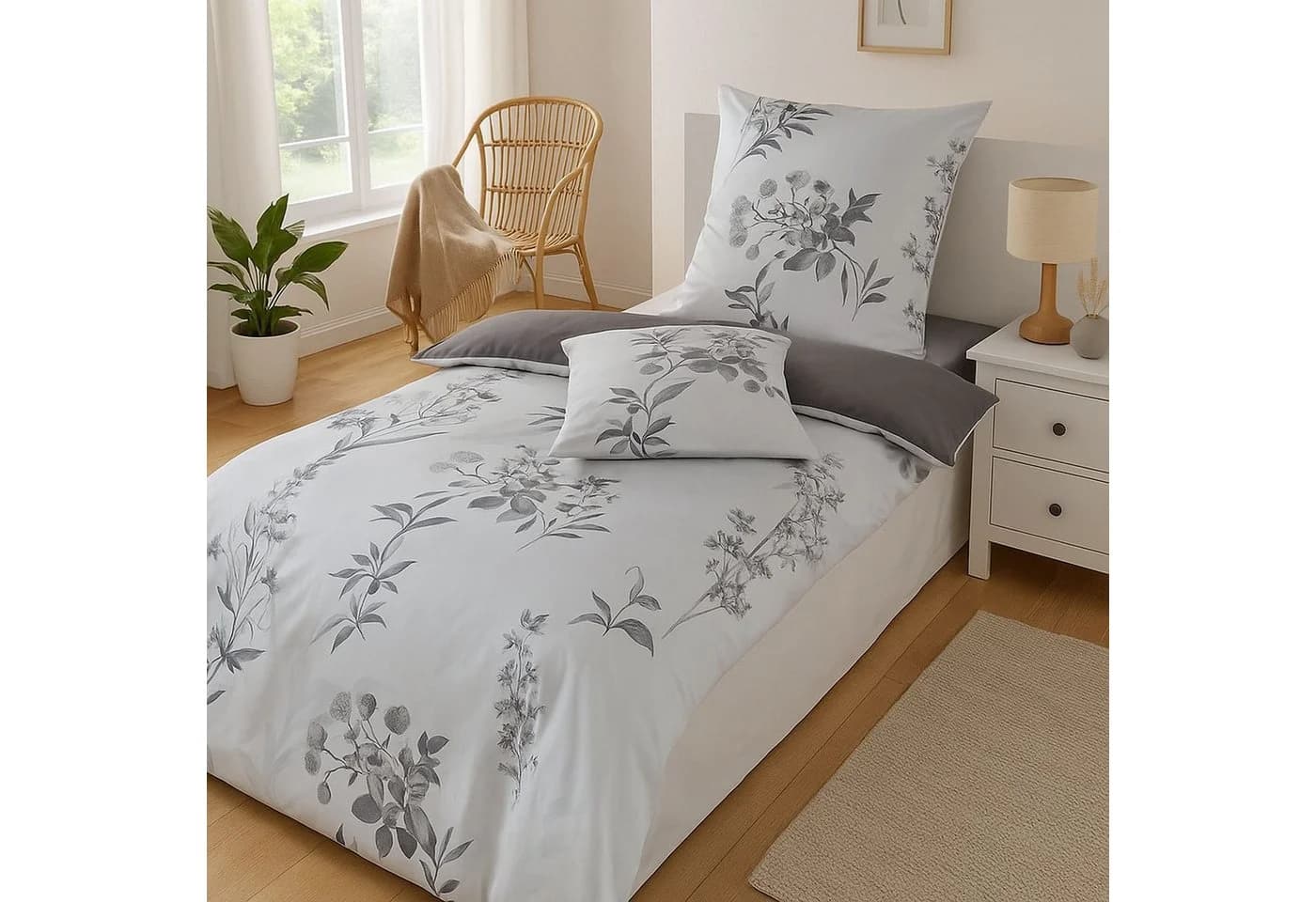 Optidream Mako-Satin Bettwäsche Premium Grau/Weiß Floral Design - Bild 4