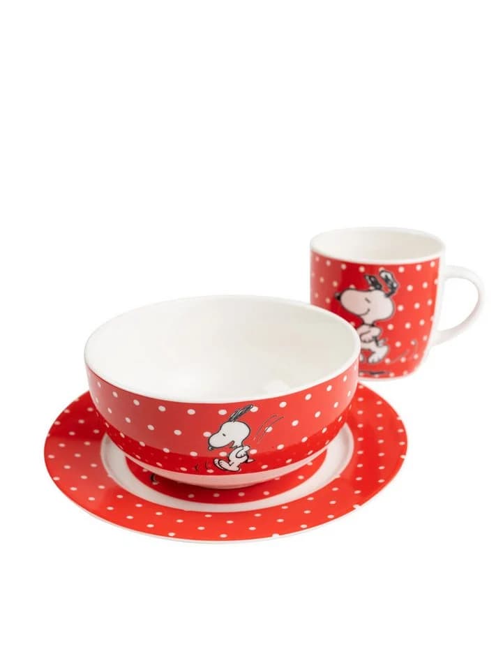 United Labels® Snoopy Frühstücks-Geschirrset 3-teilig Rot Porzellan