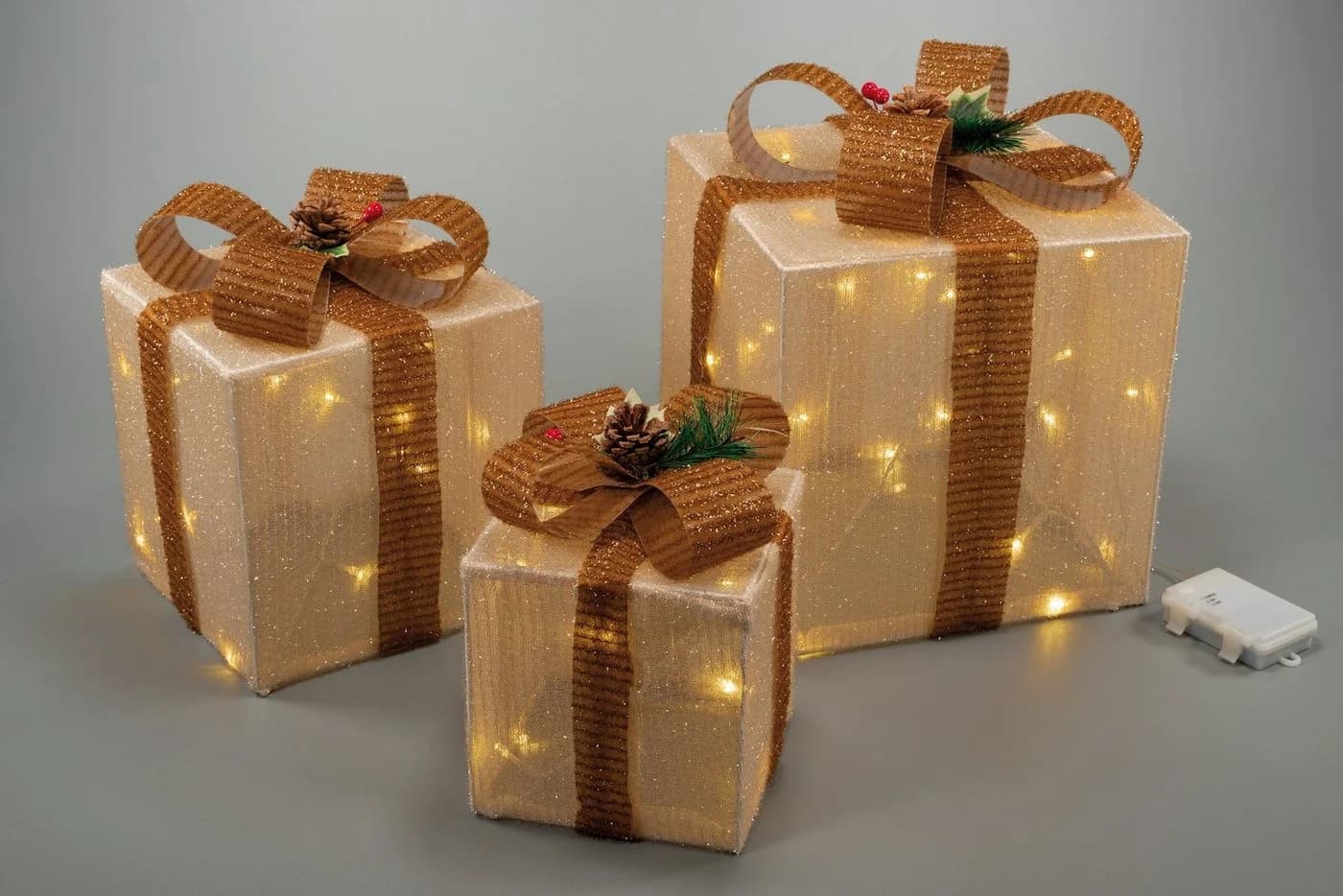 Nipach LED-Lichternetz LED Geschenkwürfel 3er Set 25cm/20cm/15cm Innen & Außen Timer