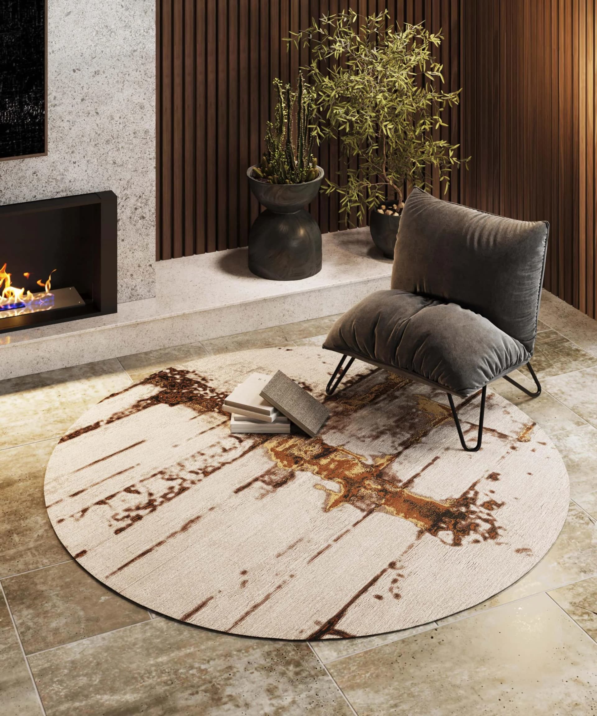 KARE DESIGN Teppich Abstract Grey Line Beige Grau Rund 200cm