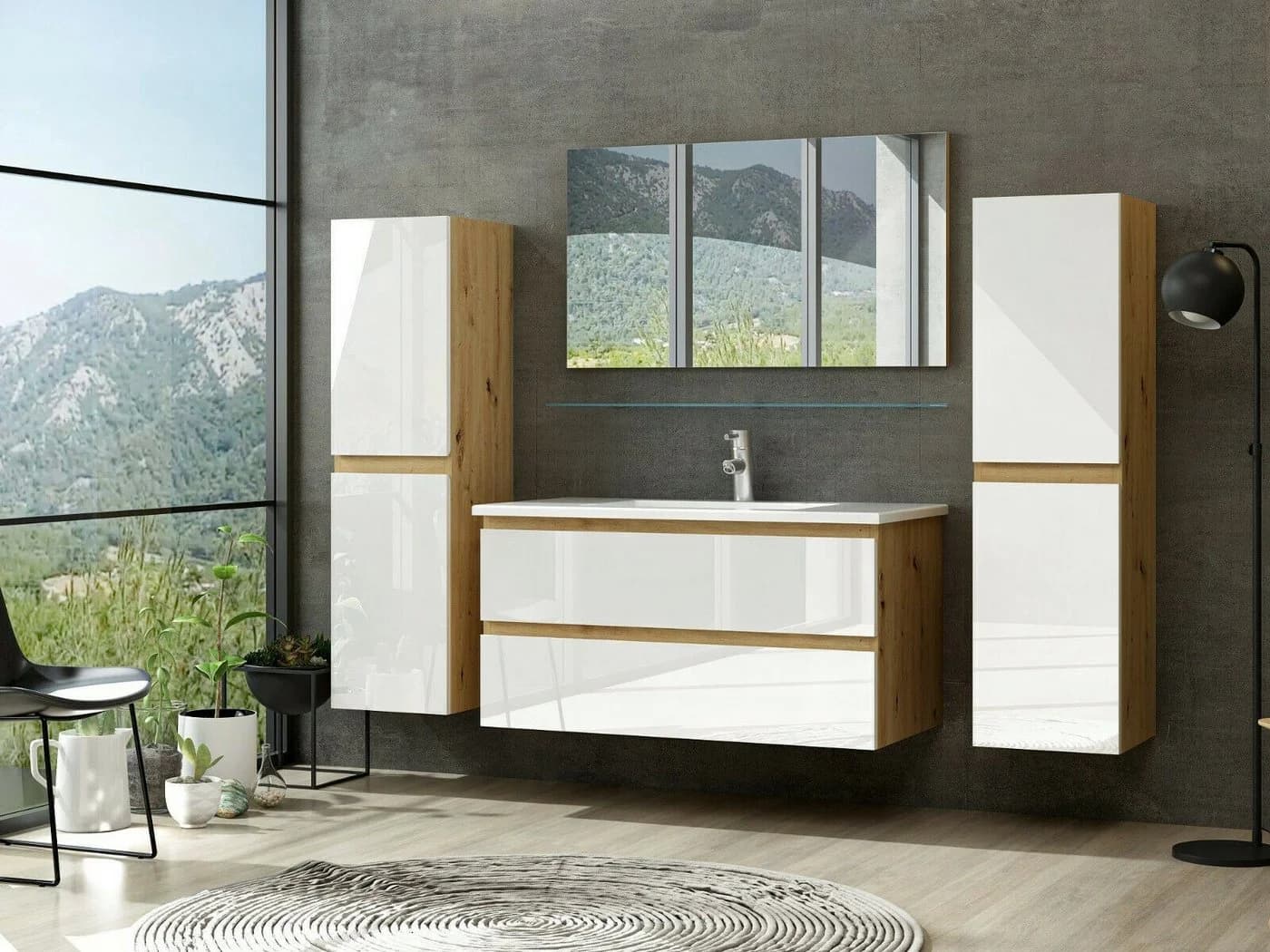 Homeline Badmöbel-Set Leonard 90cm Eiche/Weiß Hochglanz 5-tlg