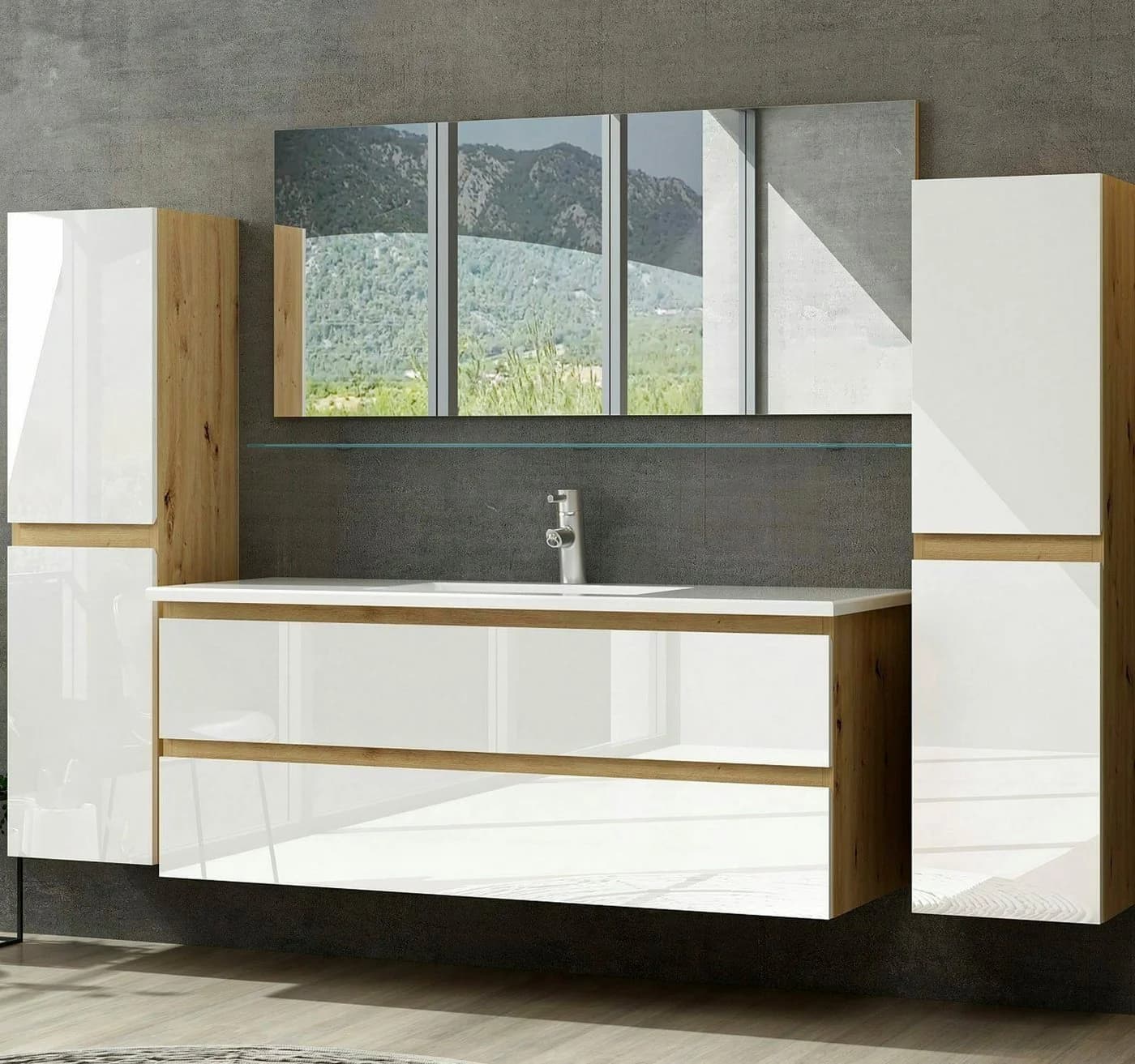 Homeline Badmöbel-Set Leonard 90cm Eiche/Weiß Hochglanz 5-tlg - Bild 2