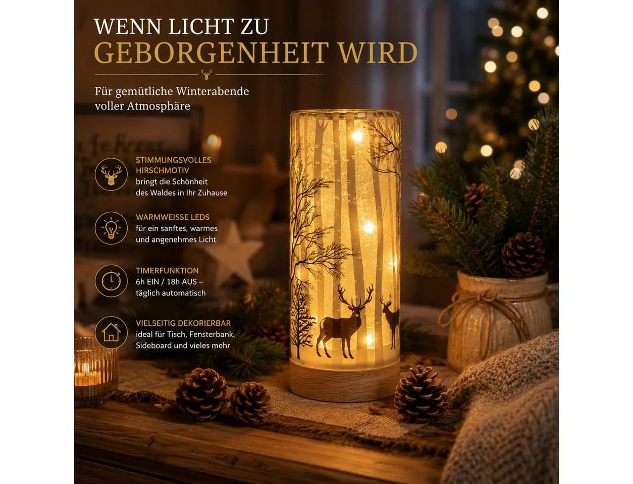 formano LED Dekolicht Hirschdeko Leuchtglas mit Holzsockel Timer