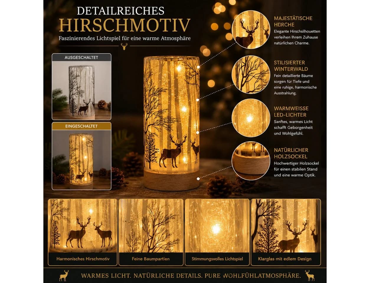 formano LED Dekolicht Hirschdeko Leuchtglas mit Holzsockel Timer - Bild 3